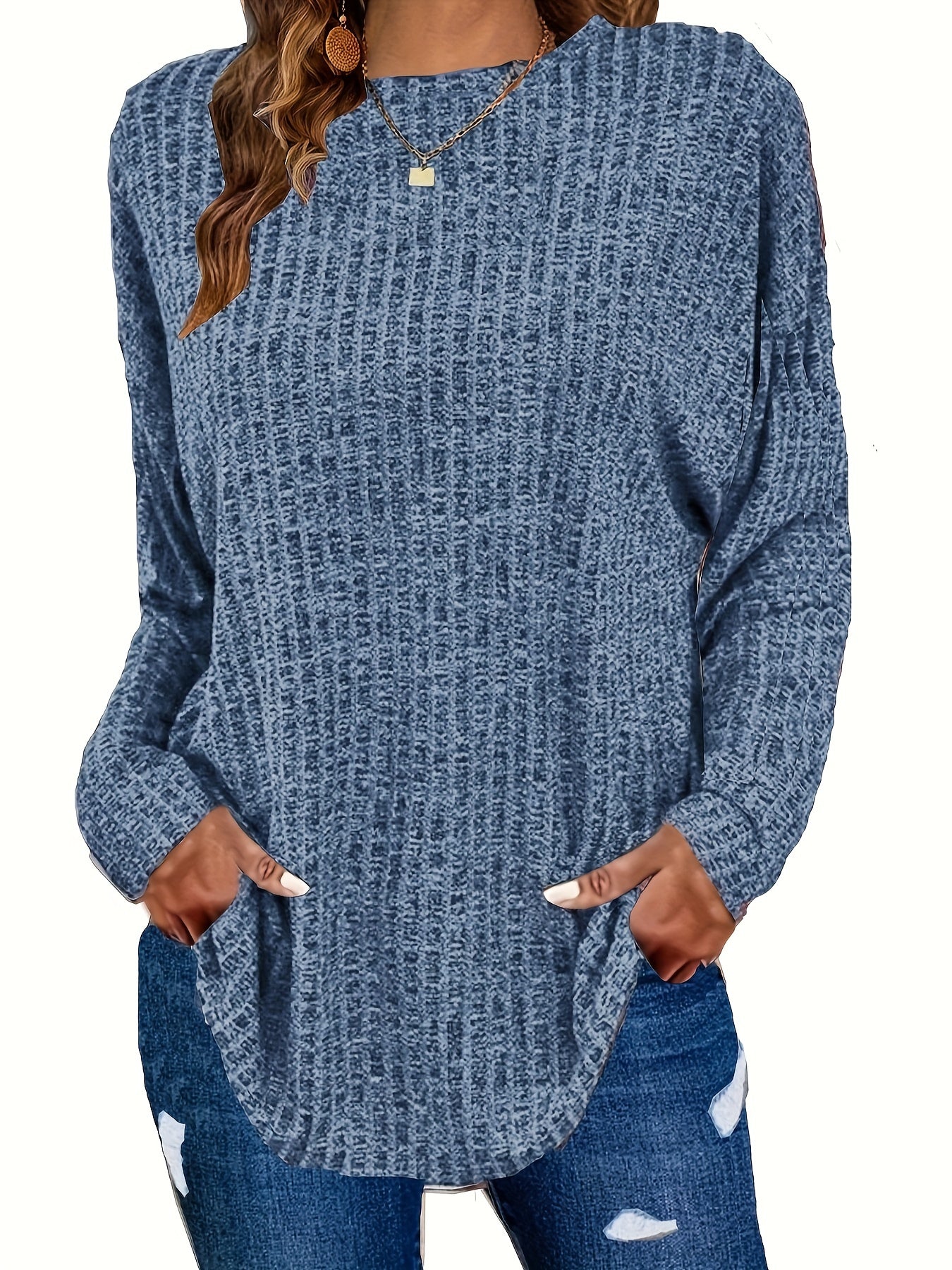 Plus Size Casual Sweater, Women's Plus Solid Ribbed Long Sleeve Round Neck Knit Top