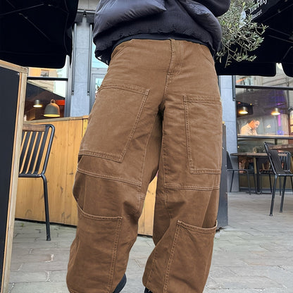 Retro Denim Men's Straight Leg Cargo Pants, Loose Baggy Pants Casual Outdoor Jeans Pants, Work Pants Hipster Streetwear Hiphop Rapper Style For Men
