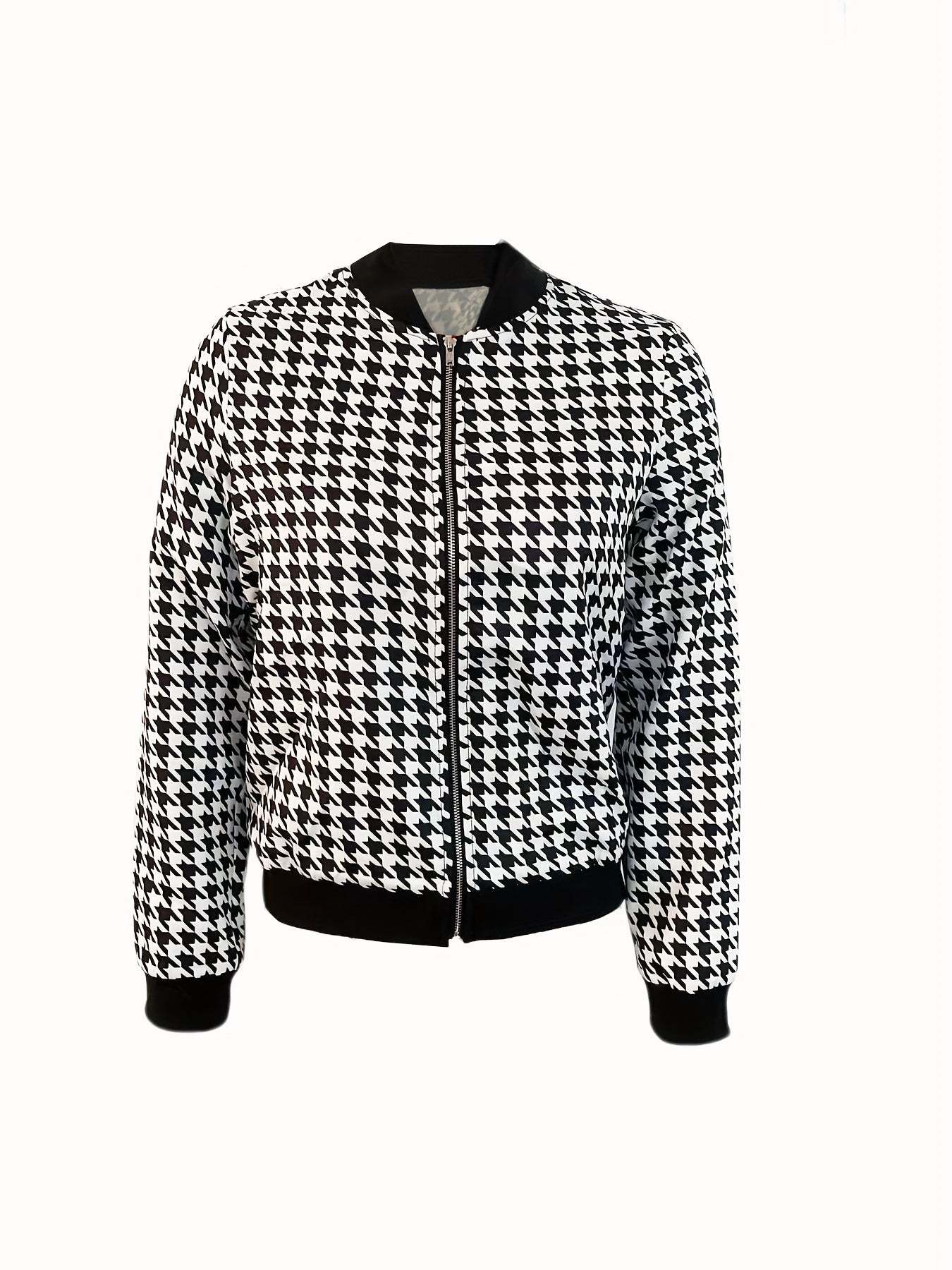 Houndstooth Print Bomber Jacket, Casual Zip Up Long Sleeve Outerwear, Women's Clothing