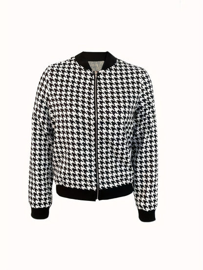 Houndstooth Print Bomber Jacket, Casual Zip Up Long Sleeve Outerwear, Women's Clothing