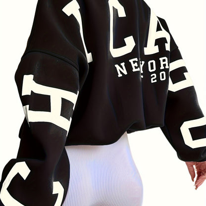 Plus Size Casual Top, Women's Plus Letter Print Drop Shoulder Long Sleeve Round Neck Sweatshirt