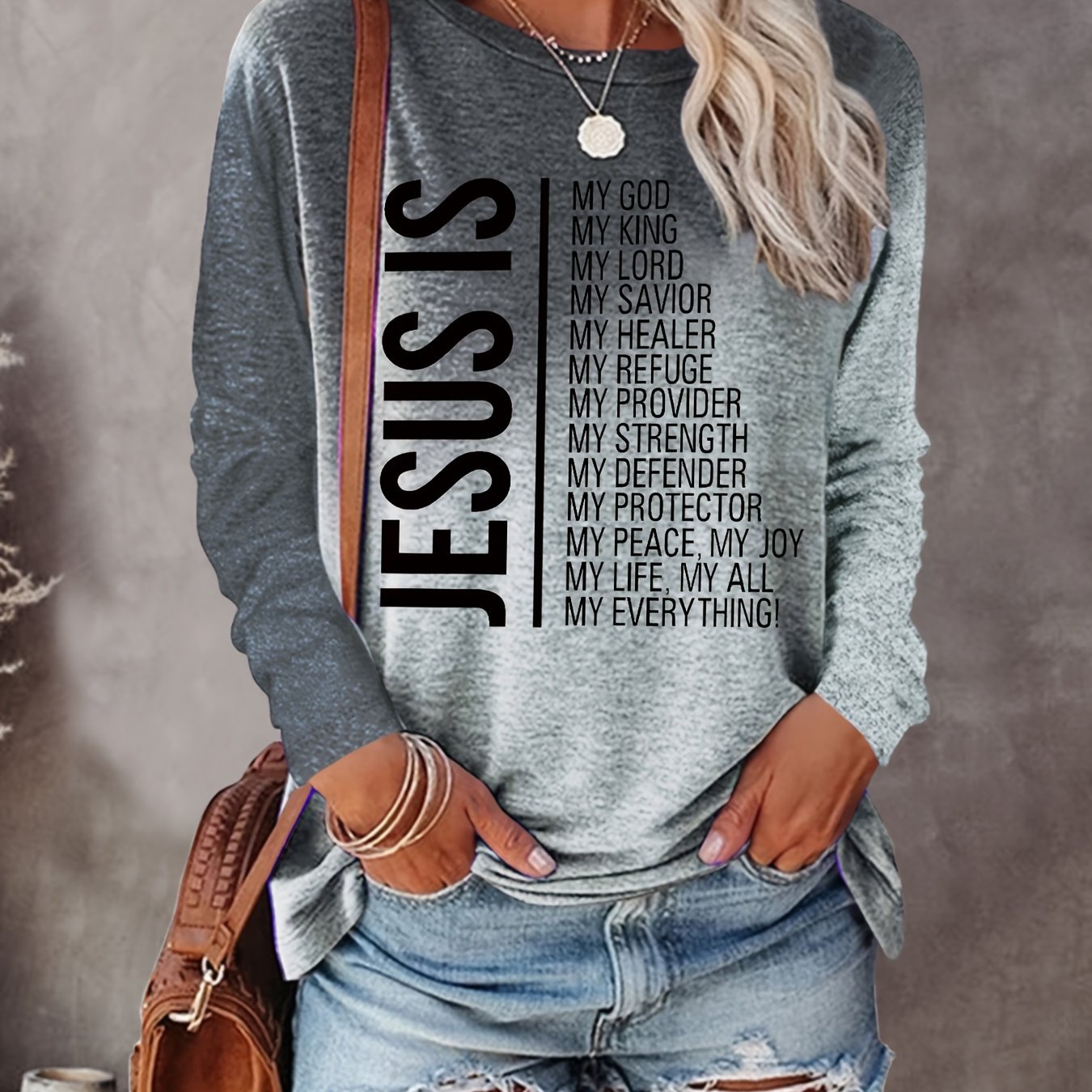 Jesus Print Crew Neck T-shirt, Casual Long Sleeve Top For Spring & Fall, Women's Clothing