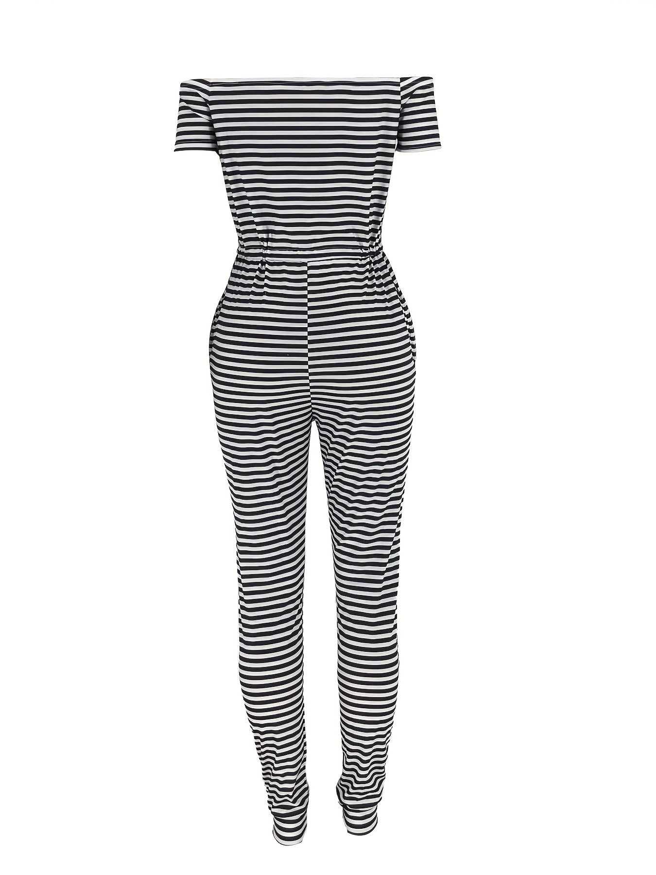 Striped Off Shoulder Drawstring Jumpsuit, Casual Short Sleeve Slim Jumpsuit For Spring & Summer, Women's Clothing
