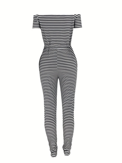 Striped Off Shoulder Drawstring Jumpsuit, Casual Short Sleeve Slim Jumpsuit For Spring & Summer, Women's Clothing