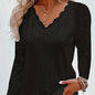 Chic Contrast Lace V-neck Eyelet T-Shirt - Fashionable Long Sleeves for Spring & Fall - A Stylish Womens Wardrobe Essential