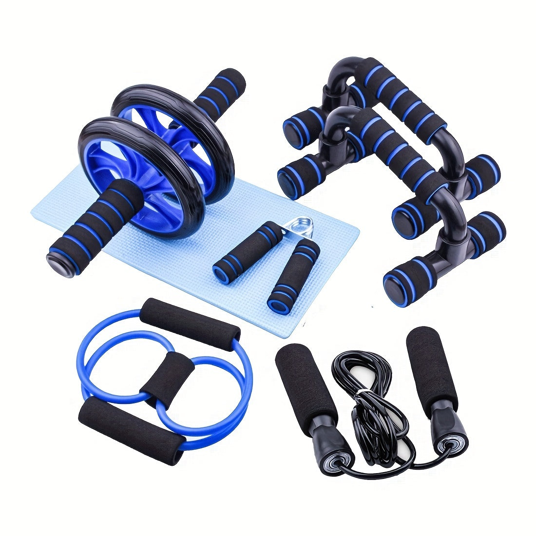 7pcs/set Complete Ab Workout Set With Push-up Stand, Ab Wheel, Mini Mat, Resistance Band, Jump Rope & Hand Gripper - Strengthen Core, Build Muscle, Burn Fat