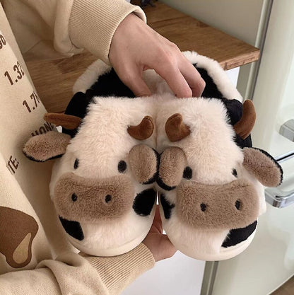 Adorable Cartoon Cow Plush Slippers for Women - Cozy Fabric Upper & PVC Sole, Soft Indoor Footwear with Fluffy White Trim, Cute Slippers