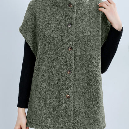 Womens Chic Button Front Teddy Vest - Lightweight Fleece, Short Sleeve, Solid Colors - Perfect for Layering, Stylish & Versatile Wardrobe Staple