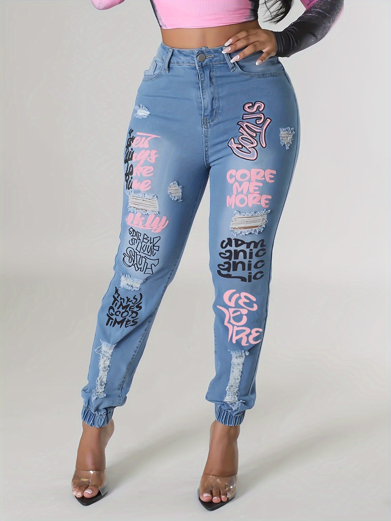 Plus Size Womens High Rise Slight Stretch Graffiti Print Ripped Button Fly Jogger Jeans - Comfortable Casual Wear for All Seasons - Cotton Blend Fabric, Positioning Printing, Woven Construction