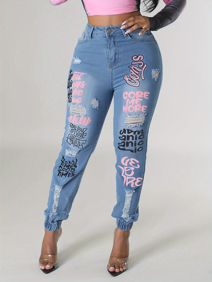 Plus Size Womens High Rise Slight Stretch Graffiti Print Ripped Button Fly Jogger Jeans - Comfortable Casual Wear for All Seasons - Cotton Blend Fabric, Positioning Printing, Woven Construction