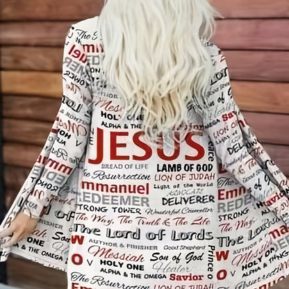 Jesus Print Open Front Cardigan, Casual Long Sleeve Cardigan For Spring & Fall, Women's Clothing