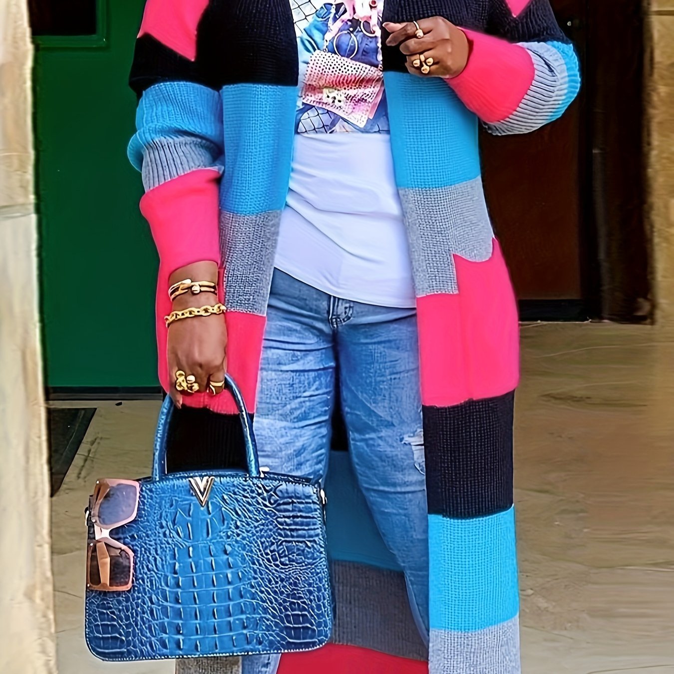 Long Sleeve Color Block Knit Cardigan - Stylish Open Front, Cozy Casual Sweater with Convenient Pockets, Perfect for Womens Everyday Wear