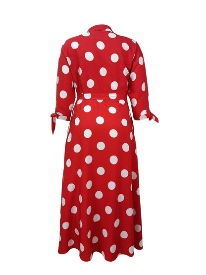 Elegant Plus Size Polka Dots Print Maxi Dress - Women's Button Up Collared Belted