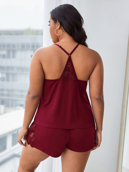 Plus Size Sexy Pajama Set, Women's Plus Contrast Lace Scalloped Trim Halter Cami Top & Shorts Lounge Two Piece Set