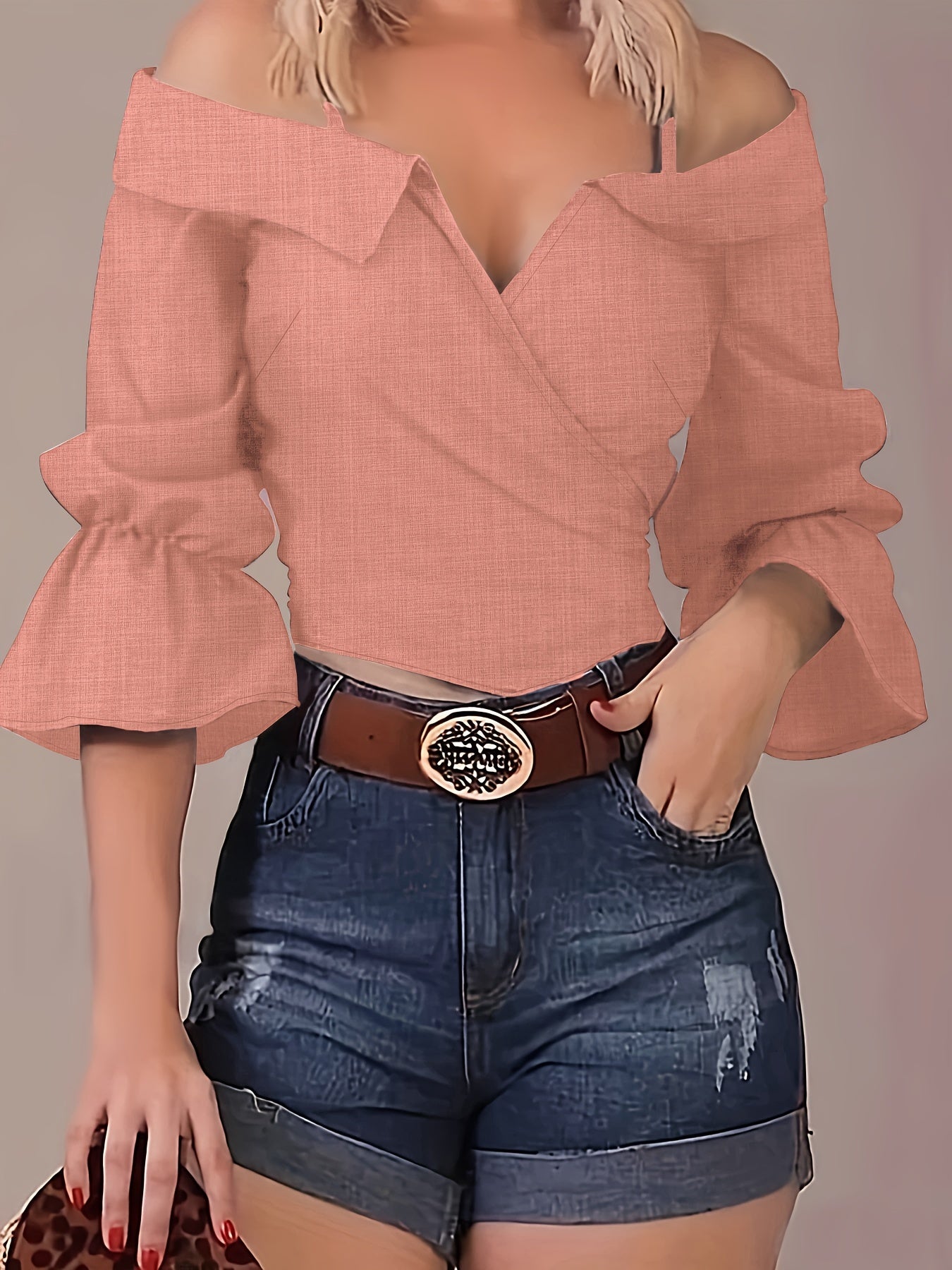 Solid Spaghetti Strap Blouse, Casual Bell Sleeve Surplice Neck Blouse, Women's Clothing