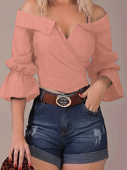 Solid Spaghetti Strap Blouse, Casual Bell Sleeve Surplice Neck Blouse, Women's Clothing