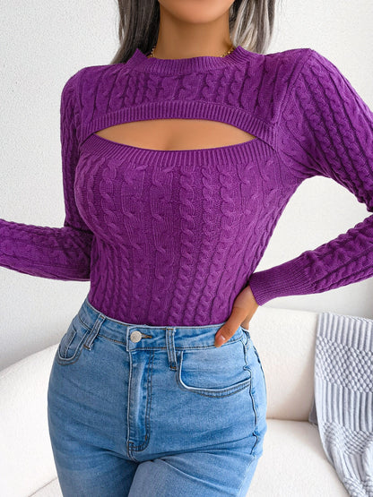 Long Sleeve High Stretch Acrylic Blend Women's Sexy Hollow-Out Knit Pullover Sweater, Skinny Fit, Solid Color, Spring/Fall Fashion Top, Crew Neck, Polyester 28%, Polyamide 22%, Viscose 28%
