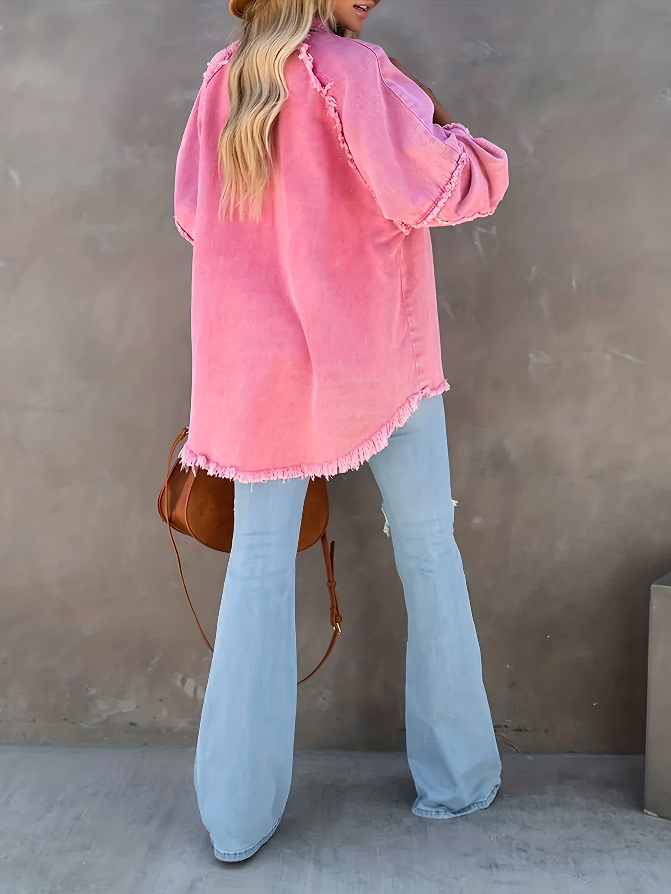 Women's Plus Size Denim Shacket with Raw Hem and Lapel Collar - Casual Button Up Long Sleeve Top for Oversized Comfort and Style