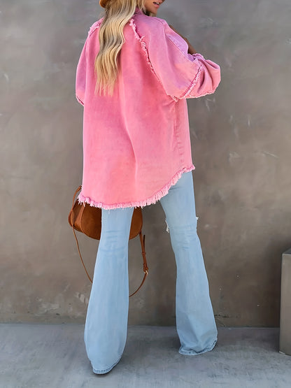 Women's Plus Size Denim Shacket with Raw Hem and Lapel Collar - Casual Button Up Long Sleeve Top for Oversized Comfort and Style