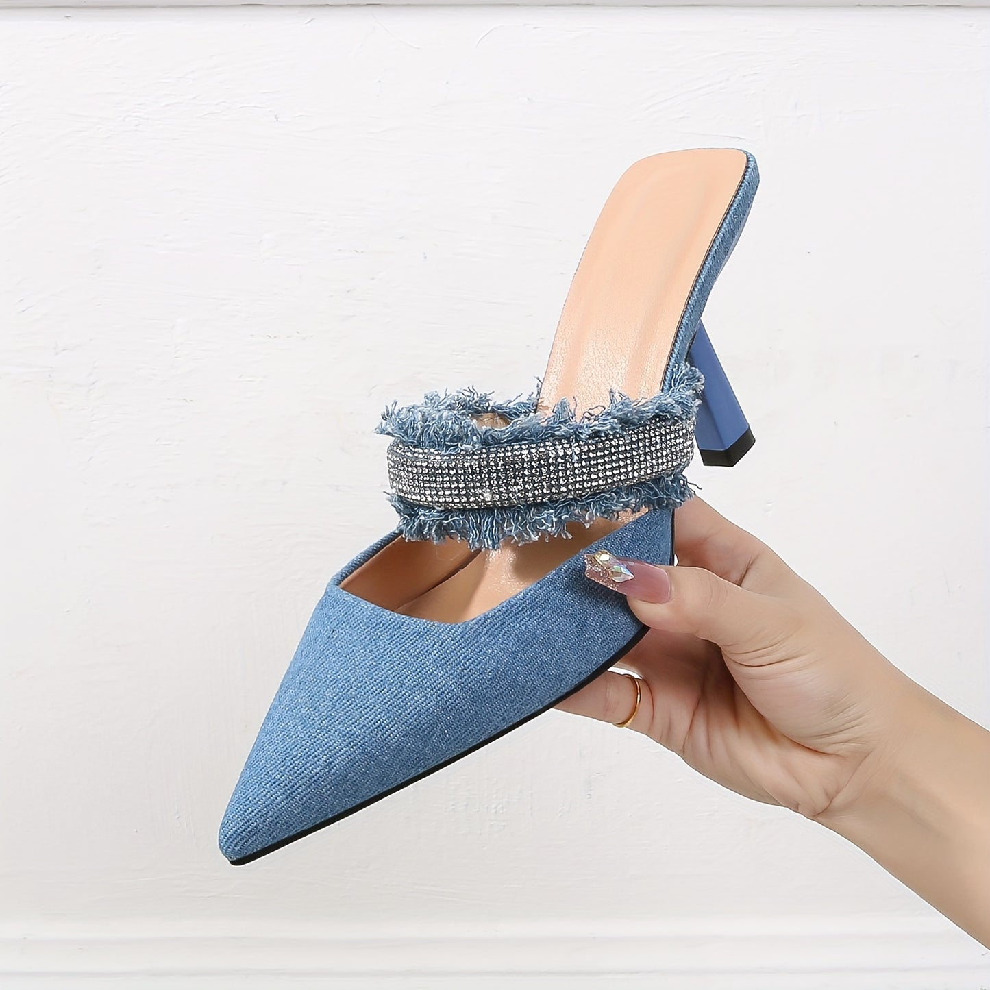 Women's Rhinestone Decor Shoes, Slip On Point Toe Stiletto Versatile Hollow Slides Shoes, Trendy & Glitter Minimalist Shoes