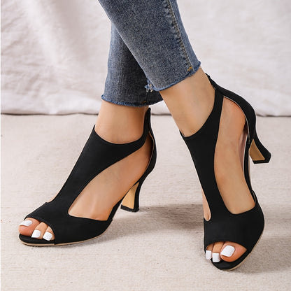 Chunky Heel Women's High Heels, Peep Toe T-strap Back Zipper Sandals, Fashion Black Shoes