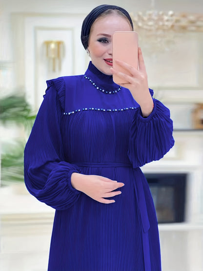 Elegant Pleated Maxi Dress for Women - Solid Color, Belted Waist, Long Sleeve, Machine Washable - Perfect for Ramadan & Casual Attire
