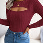 Long Sleeve High Stretch Acrylic Blend Women's Sexy Hollow-Out Knit Pullover Sweater, Skinny Fit, Solid Color, Spring/Fall Fashion Top, Crew Neck, Polyester 28%, Polyamide 22%, Viscose 28%