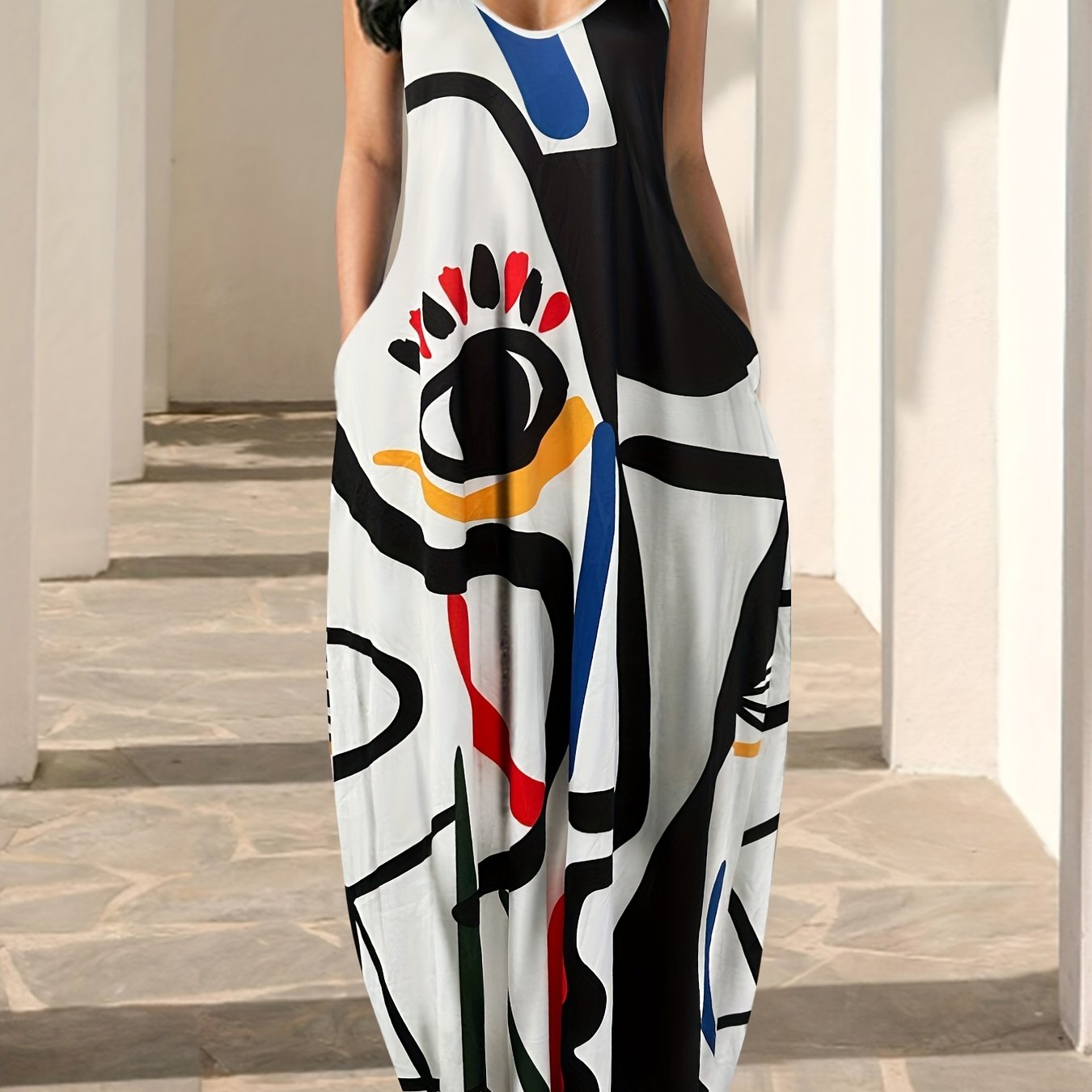 Flowing Maxi Sundress - Vibrant Abstract Art Print - Breezy Spaghetti Straps - Versatile Summer Attire for Women