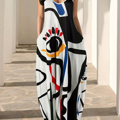 Flowing Maxi Sundress - Vibrant Abstract Art Print - Breezy Spaghetti Straps - Versatile Summer Attire for Women