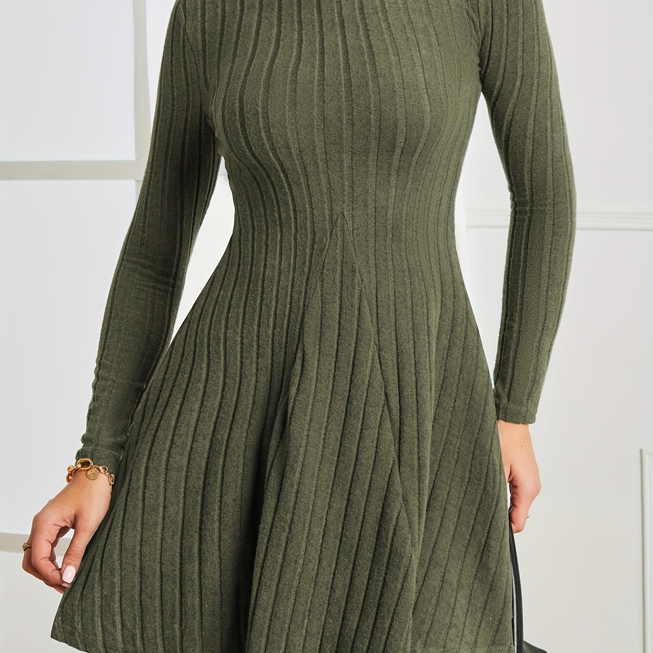 Solid Ribbed Dress, Casual Mock Neck Long Sleeve Dress, Women's Clothing