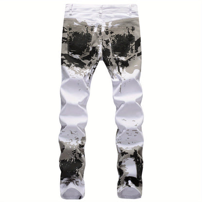 Men's Trendy Camouflage Jeans, Casual Mid Stretch Breathable Straight Leg Slim Fit Trousers For Outdoor Hiking Trekking