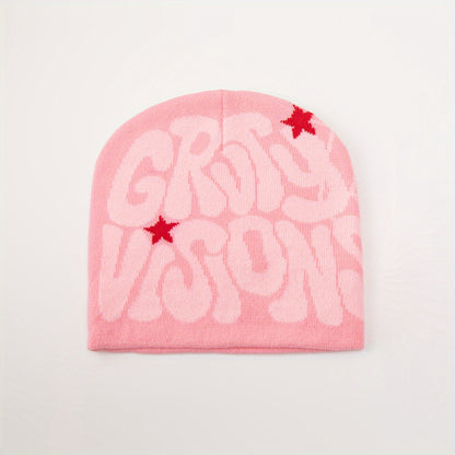 1pc Men's Funky "GRU VISION" Spider Web Knit Beanie - 100% Acrylic, Trendy Letter & Star Design in Multiple Colors, Soft & Stretchy Fabric for Casual Attire