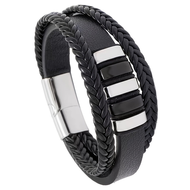 Men's Magnetic Clasp Faux Leather Woven Multilayer Bracelet - Golden-Tone Accents, Minimalist Modern Design for Casual & Formal Wear