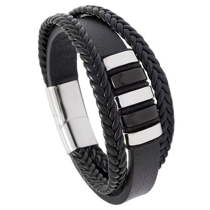 Men's Magnetic Clasp Faux Leather Woven Multilayer Bracelet - Golden-Tone Accents, Minimalist Modern Design for Casual & Formal Wear