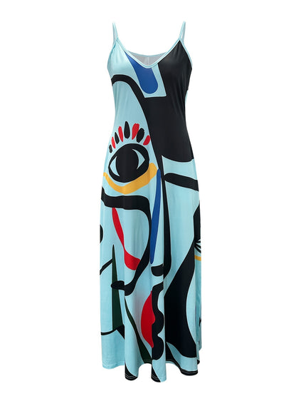 Flowing Maxi Sundress - Vibrant Abstract Art Print - Breezy Spaghetti Straps - Versatile Summer Attire for Women