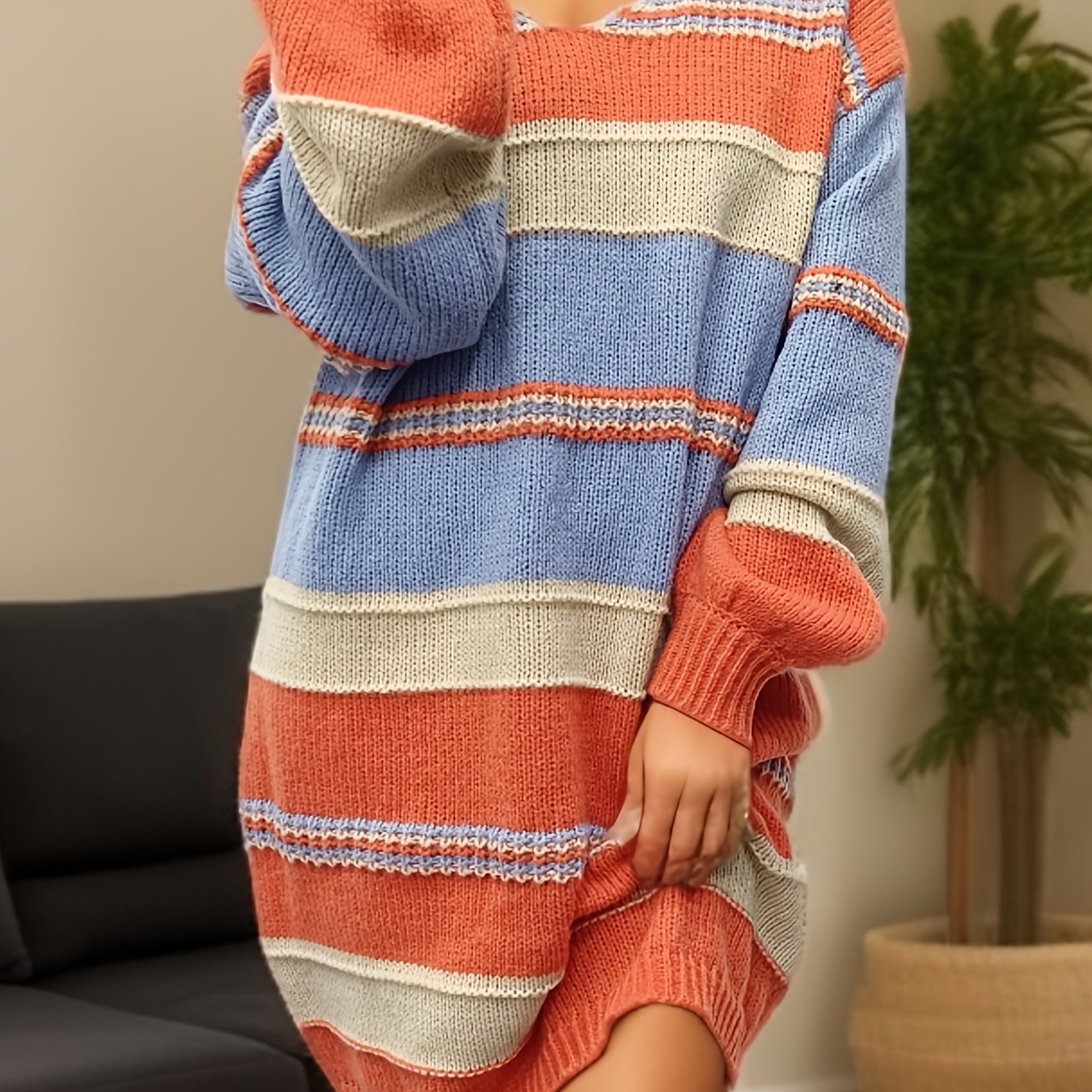 Plus Size Elegant Striped Sweater Dress - Soft High Stretch V Neck Long Sleeve Oversized Polyester Knit Fabric for Fall Winter - Comfortable and Chic