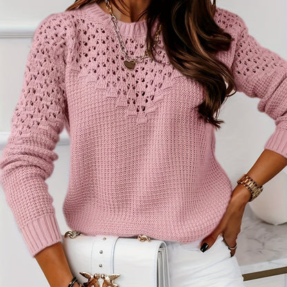 Solid Color Crew Neck Sweater, Casual Long Sleeve Sweater for Fall & Winter, Women's Clothing