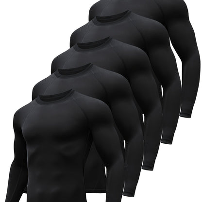 [HOPLYNN Compression Shirts] 5pcs HOPLYNN Men's Compression Shirts - Breathable Polyester Blend, Long Sleeve Athletic Base Layer Tops for Workout & Outdoor Activities, Machine Washable