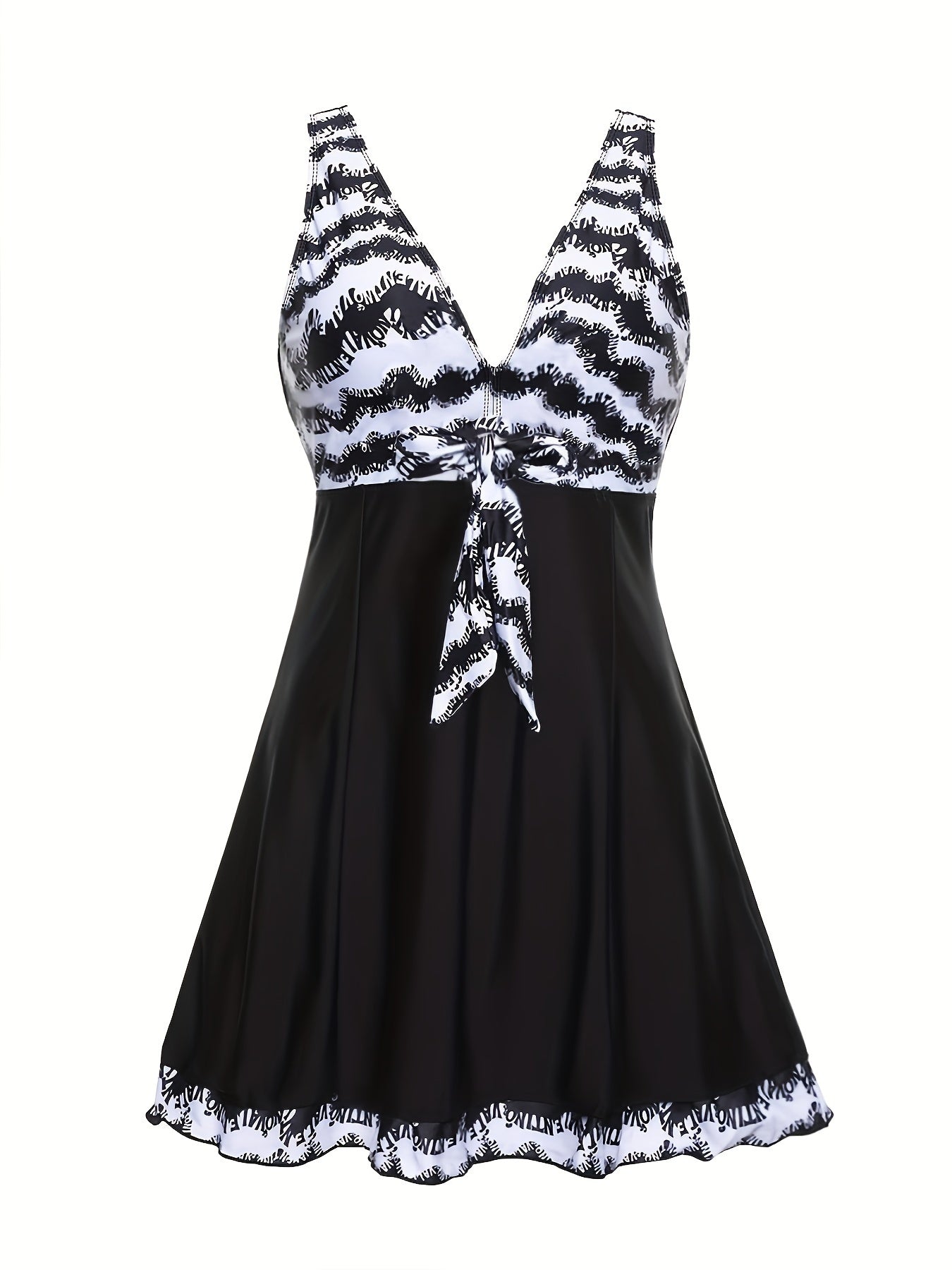 Plus Size Womens Vibrant Floral Print Tie Front V Neck One Piece Swimsuit - High Stretch, Comfortable, Vacation Essential - Polyester Knit Fabric, Random Printing, No Sheer