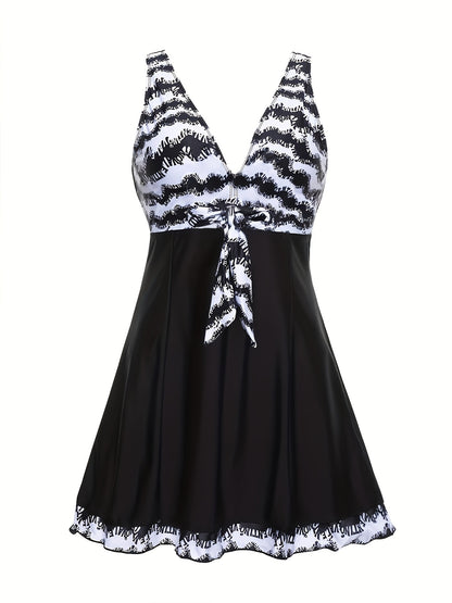 Plus Size Womens Vibrant Floral Print Tie Front V Neck One Piece Swimsuit - High Stretch, Comfortable, Vacation Essential - Polyester Knit Fabric, Random Printing, No Sheer