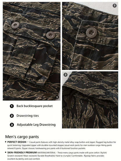 Trendy Mens Tiger Camo Cargo Pants - Bold Print, Multiple Pockets, Loose Fit, Durable Cotton Blend, Perfect for Outdoor Adventures & Street Style