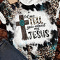 Let Me Tell You About My Jesus Letter & Cross Print T-shirt, Casual Vintage Leopard Short Sleeve T-shirt, Women's Clothing