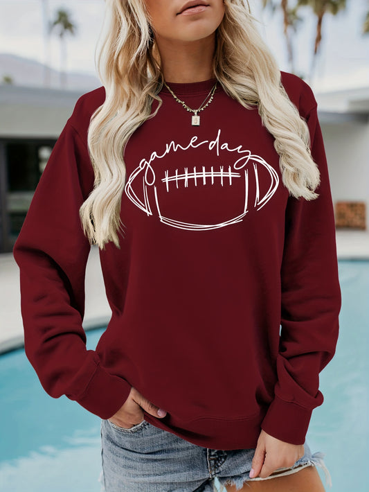 Womens Game Day Rugby Print Sweatshirt - Cozy Long Sleeve Drop Shoulder - Fashionable Casual Wear for Sports Enthusiasts