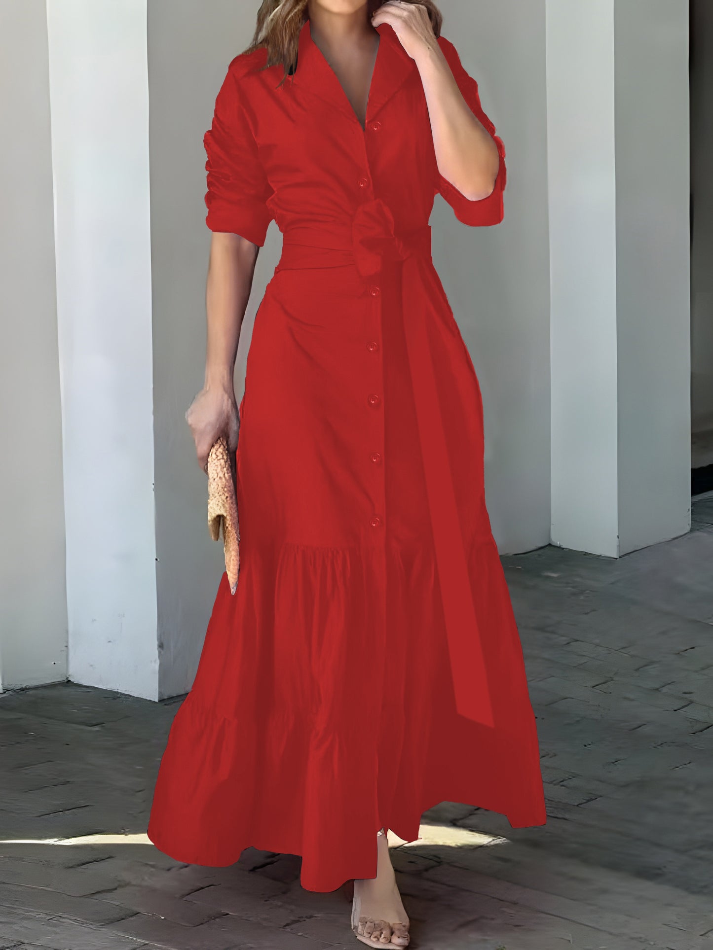 Stunning Ruffled Maxi Dress - Solid Button Front, Belted Waist, Elegant Ruched Sleeve, Flowy Design, Women's Clothing for Special Occasions