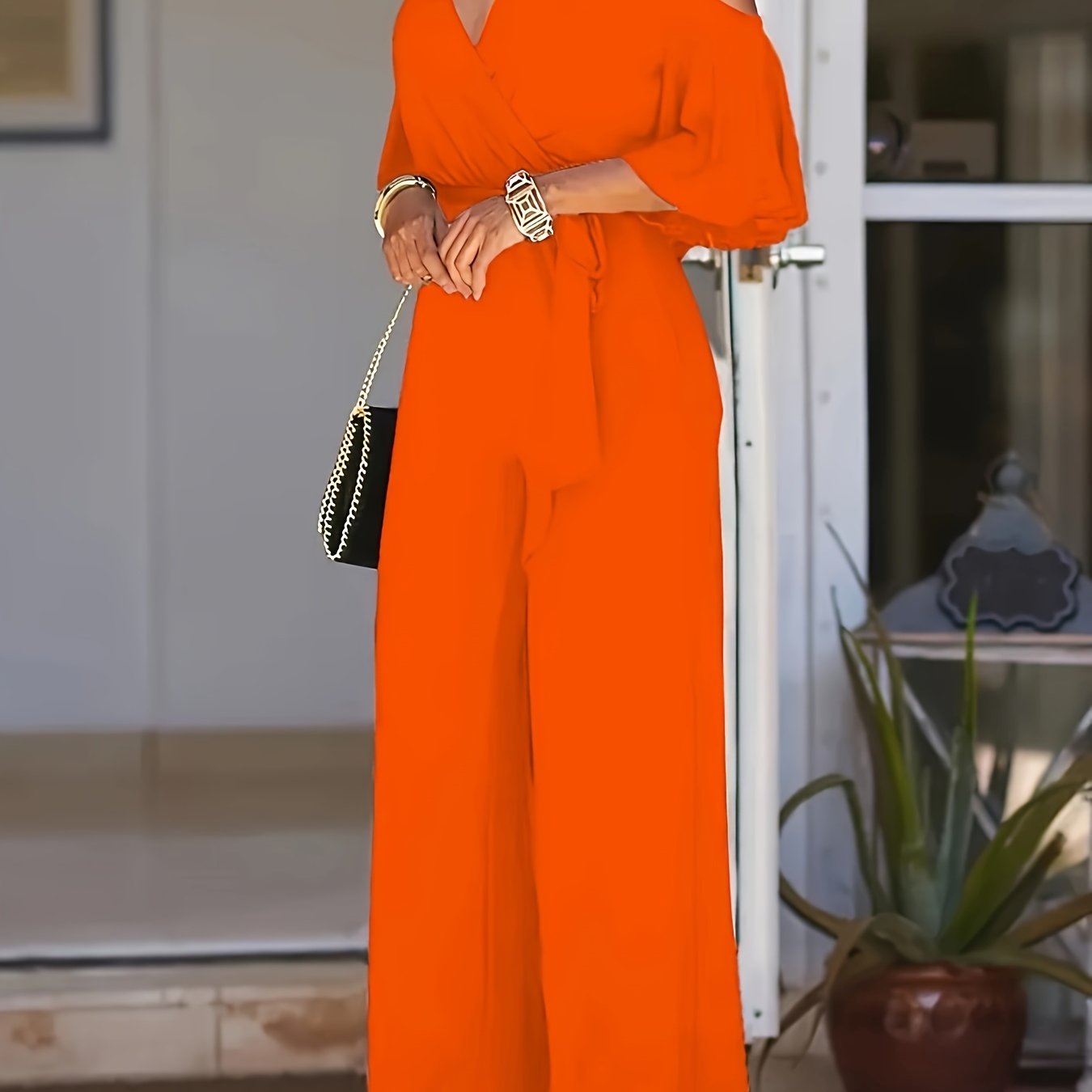 Solid Cold Shoulder V-neck Jumpsuit, Elegant Half Sleeve Jumpsuit For Spring & Summer, Women's Clothing