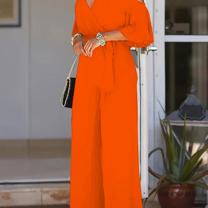 Solid Cold Shoulder V-neck Jumpsuit, Elegant Half Sleeve Jumpsuit For Spring & Summer, Women's Clothing