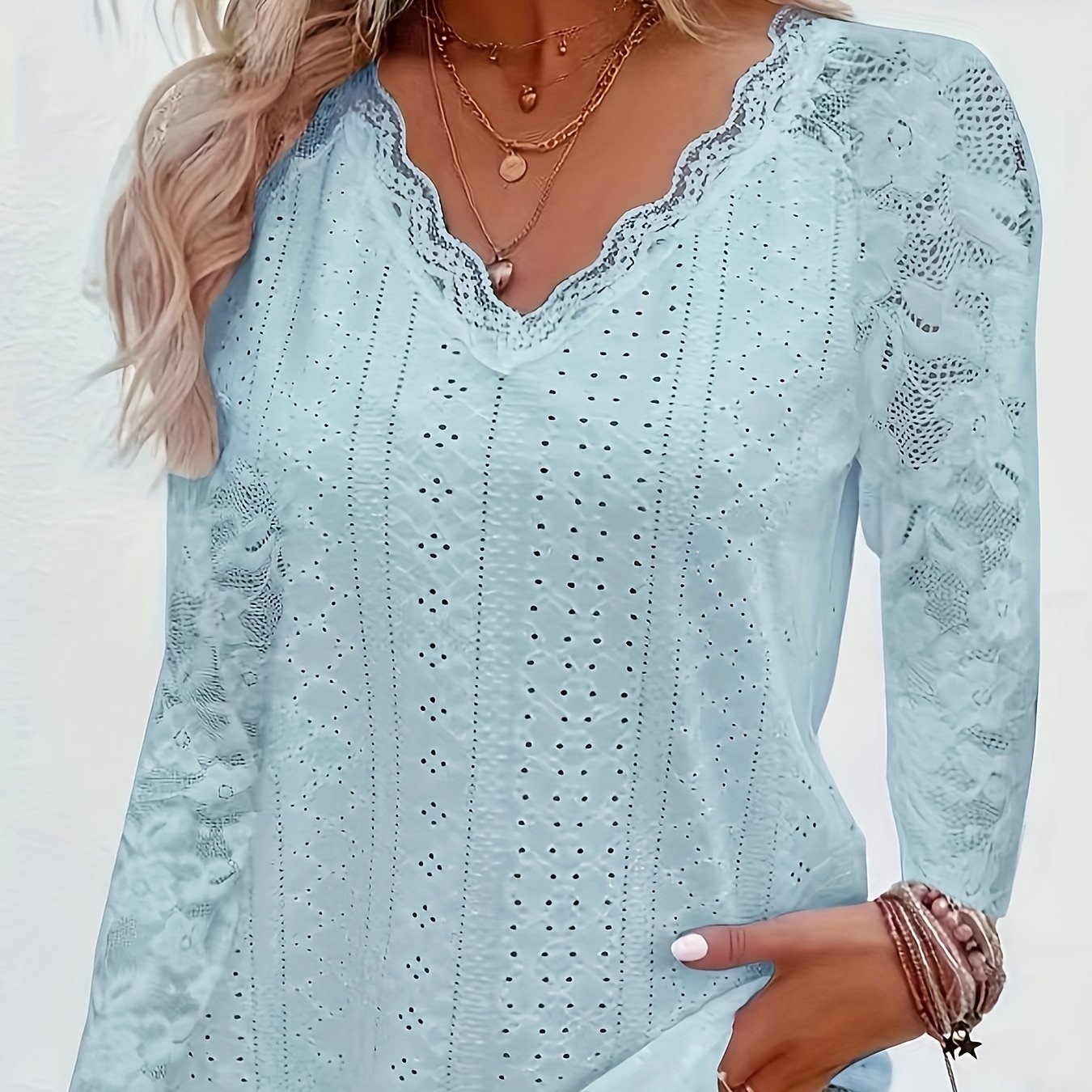 Chic Contrast Lace V-neck Eyelet T-Shirt - Fashionable Long Sleeves for Spring & Fall - A Stylish Womens Wardrobe Essential