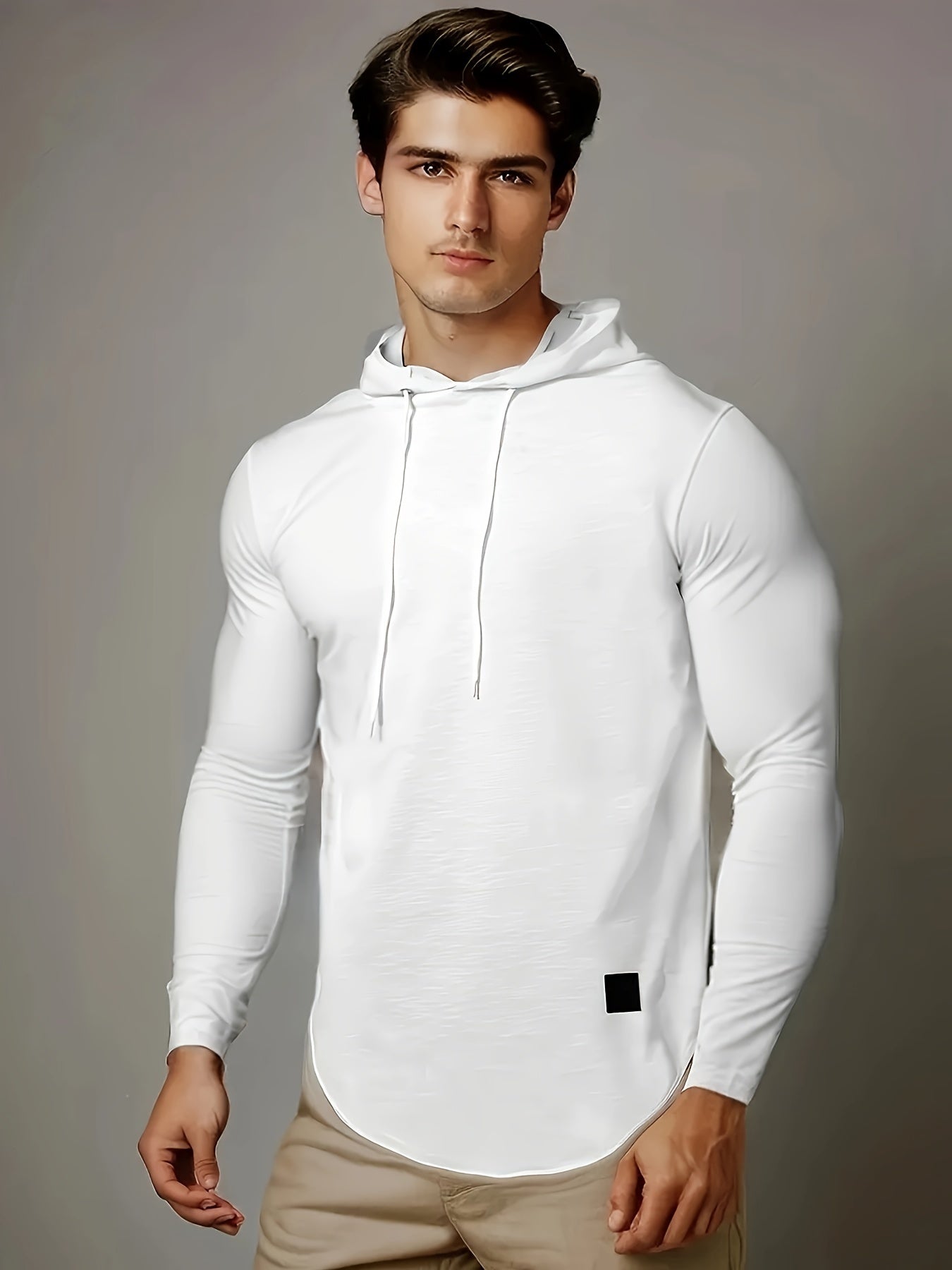 [1pc Long Sleeve Casual Hoodie] 1pc Men'S Casual Fashion Hoodie - Long Sleeve, Solid Color, Regular Fit, Knit Polyester, Micro-Elastic, Regular Length, Crew Neck Pullover