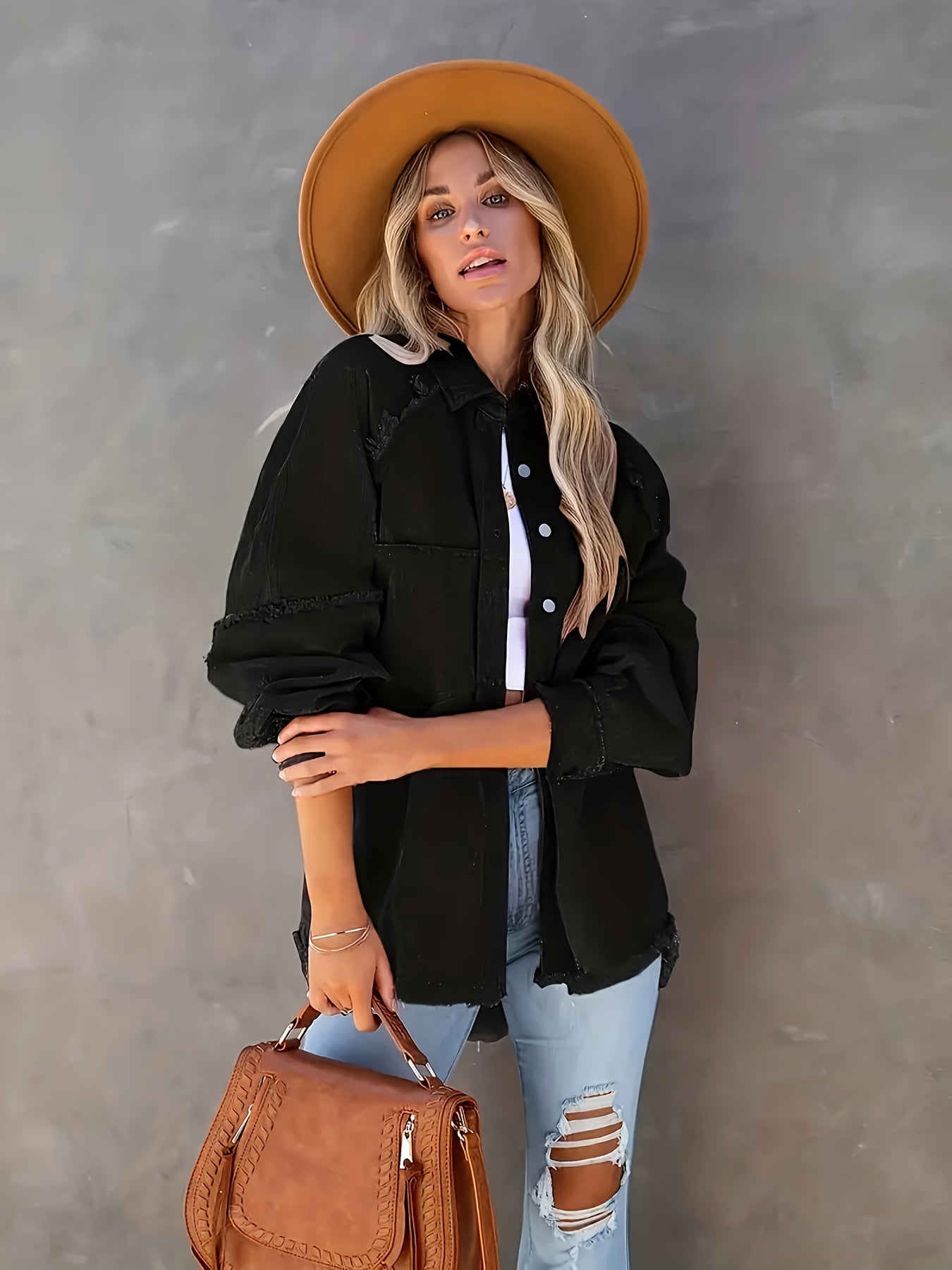 Women's Plus Size Denim Shacket with Raw Hem and Lapel Collar - Casual Button Up Long Sleeve Top for Oversized Comfort and Style