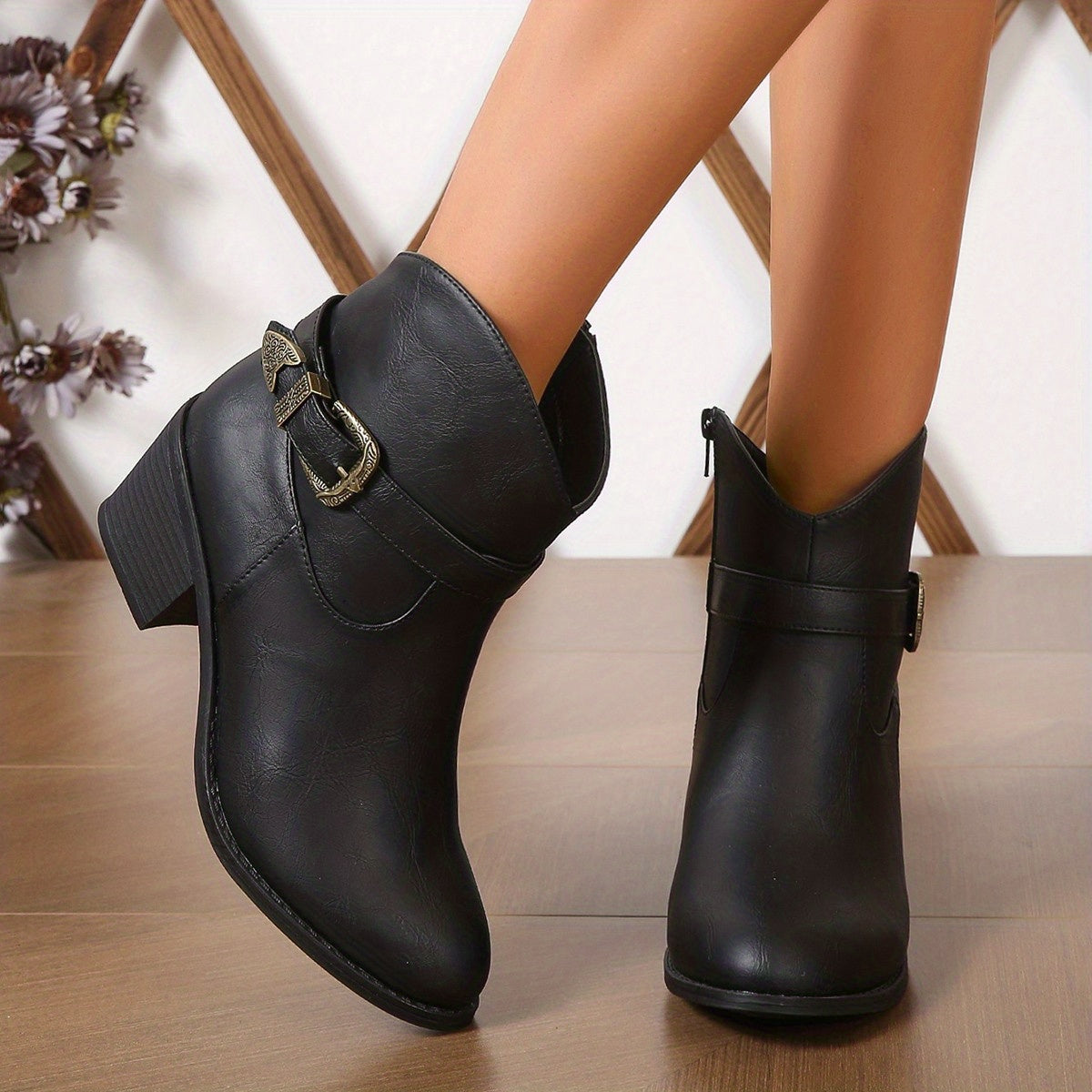 Women's Chunky Heeled Ankle Boots, Retro Buckle Strap Pointed Toe Booties, Side Zipper Short Boots